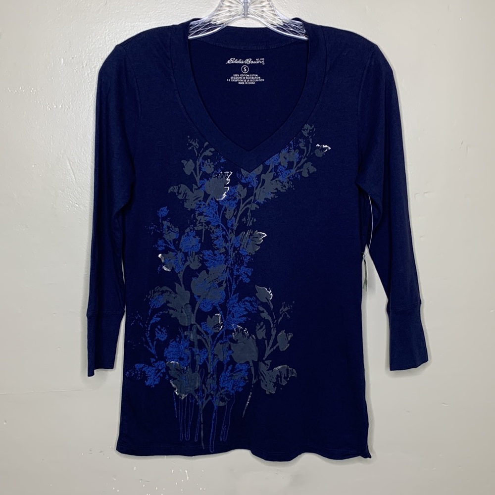 EDDIE BAUER Top Blue V-Neck Sustained Cotton Floral Three Quarter Sleeves Small